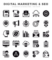 Collection of Digital Marketing & SEO 25 Lineal Filled Icons Pack.
