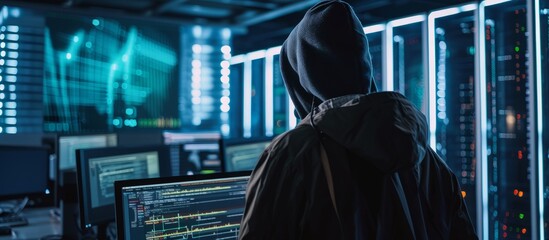 Mysterious person in dark hooded jacket focused on computer screen