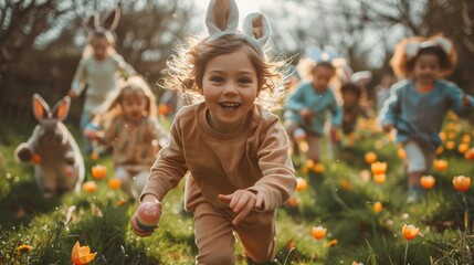 Easter Egg Hunt, Group Of Children Is Running To Pick Up easter Eggs In Garden. Generative AI. - obrazy, fototapety, plakaty