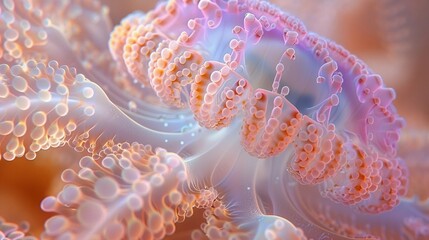 Close-Up of Jellyfish Tentacles with Vivid Orange and Pink Hues. Intricate Details and Patterns. Marine Biology and Natural Beauty. Earth Day. AI Generated