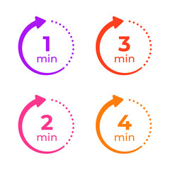 Arrow icons with remaining time from 4 to 1 minute. Illustration of time with arrow in modern style