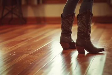 Deurstickers Women wearing cowboy boots line dance on a wooden floor © The Big L