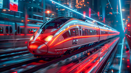 Futuristic high speed train in a bustling.