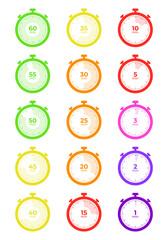 Simple stopwatch icons from hour to 1 minute in different colors. Modern stopwatch with indication.