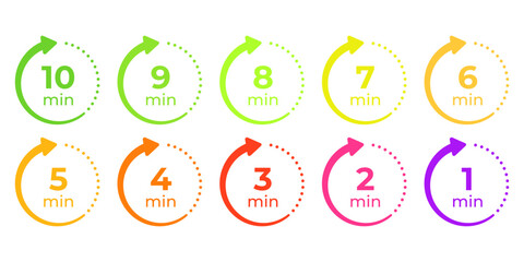 Arrow icons with remaining time from 10 to 1 minute. Illustration of time with arrow in modern style