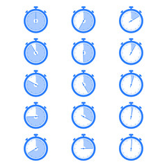 Simple stopwatch icons from hour to 1 minute. Modern stopwatch with indication.