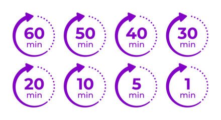 Arrow icons with remaining time from 60 to 1 minute. Illustration of time with arrow in modern style