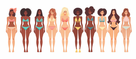 Vector set of girls in swimsuits and bikinis .Beautiful summer girls in swimsuits with different skin colors