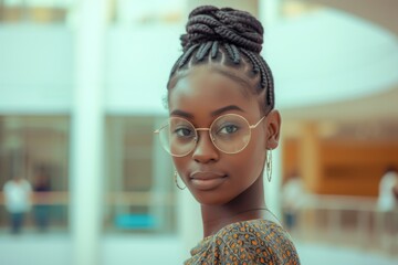 Young successful black woman in stylish glasses poses and smiles in modern school hall - obrazy, fototapety, plakaty