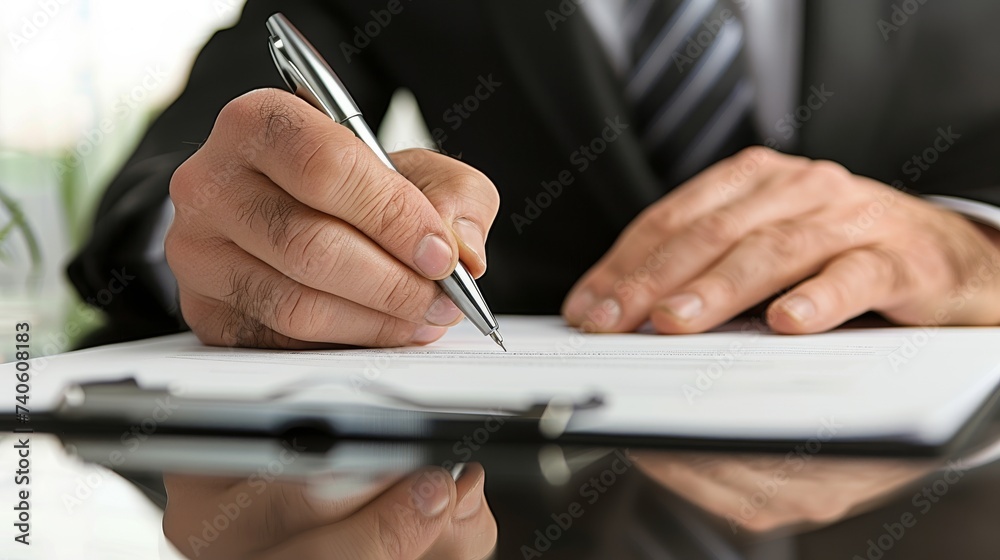 Poster A person's hand holding a pen, carefully crafting words on a document using office supplies as their instrument in an act of creation and organization within the confines of an office space