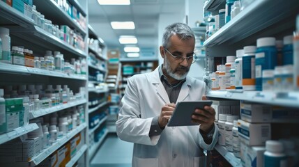 A dedicated scientist in a white coat surveys the shelves of a pharmacy laboratory, surrounded by cutting-edge equipment, as he diligently carries out his important medical research job - obrazy, fototapety, plakaty