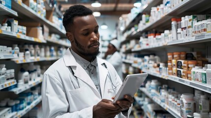 A professional man in a crisp white coat stands confidently in an indoor pharmacy, carefully examining a tablet while surrounded by neatly organized shelves of healthcare products and stylish clothin