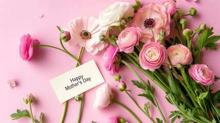 Happy Mother's Day. Beautiful flowers on pink background, flat lay, card