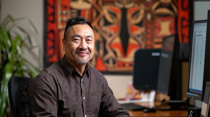 Fototapeta premium A solitary man immersed in the digital world, his focused gaze fixed on the glowing computer monitor as he navigates the endless possibilities within