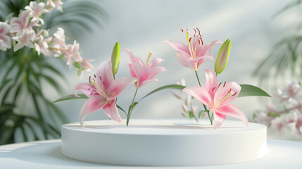 Podium with pink lily, scene with flowers on pink background