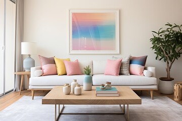 Fototapeta na wymiar White Sofa Mid-century Living Room with Pastel Pillows, Solid Wood Table, Design Elements