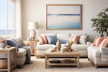 Fototapeta na wymiar Coastal Style Living Room Interiors: Vibrant Pillows & Solid Wood Furniture Showcase