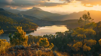 As the autumn sun rises over the highland landscape, a picturesque lake nestled among towering mountains reflects the fiery sky and showcases the natural beauty of the wilderness - obrazy, fototapety, plakaty