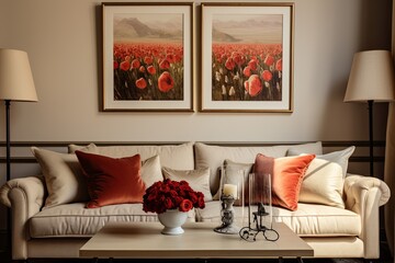 French Country Sofa Decor: Beige Walls and Art Posters in Elegant Living Space