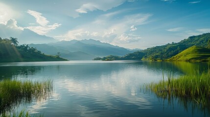 Fototapeta na wymiar A picturesque lake nestled in the mountains, its crystal-clear waters reflecting the serene sky above and surrounded by lush green grass, a peaceful oasis in the heart of the breathtaking landscape o