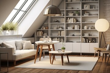 White Sofa Mid-century Loft Design: Cabinet Storage Room with Round Table Setting