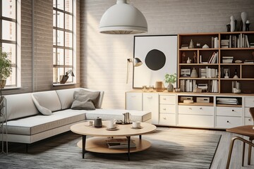 White Sofa Mid-century Loft Design: Cabinet Storage & Round Table Setting