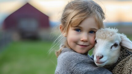 Portrait of a cute little toddler girl or female child smiling and standing next to the lamb animal on the farm in a countryside or village. Kid in a rural environment in summer or spring outdoors