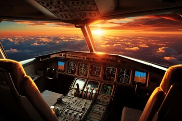 the cockpit of a passenger plane in flight against the background of clouds
