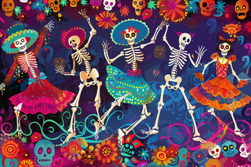 a painting of three skeletons dancing in a field of flowers