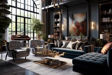 Fototapeta premium Glamorous Loft Living Room: Hollywood Vibes with Velvet Upholstered Sofa
