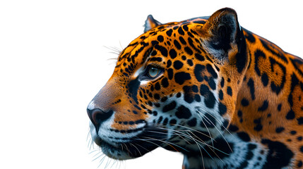 A Jaguar's face in a menacing side profile with intricate details of its aggressive expression, transparent background