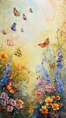 Obraz na płótnie Canvas Visual arts painting of butterflies soaring above a flowerfilled landscape , generated by AI