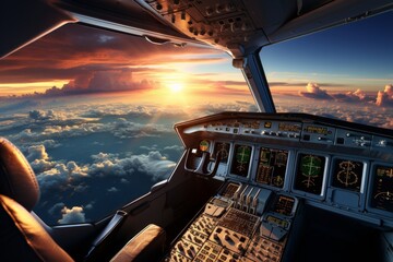 the cockpit of a passenger plane in flight against the background of clouds