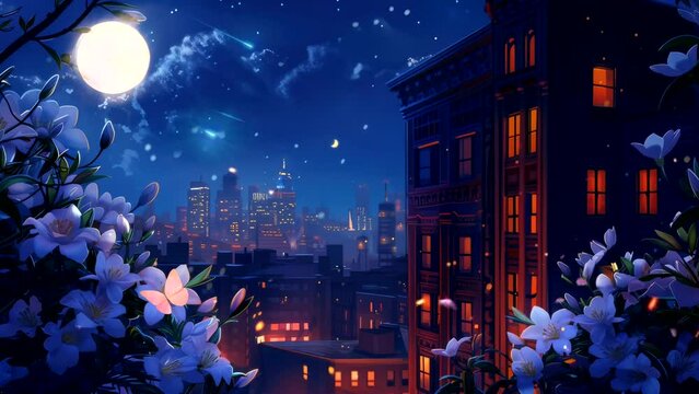 Cityscape Serenity: Moonlight Casting a Silent Calm over the Urban Jungle of Skyscrapers at Night. Animated fantasy background, watercolor painting illustration style, seamless looping 4K video