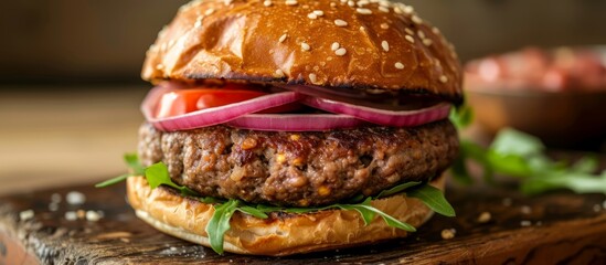A detailed shot of a burger on a rustic wooden cutting board, showcasing the staple food with...