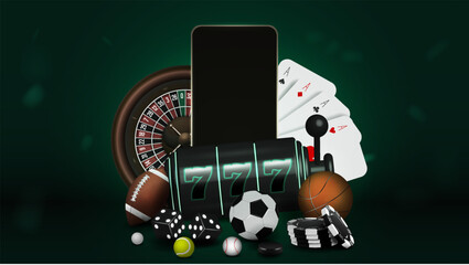 A web banner with a slot machine, cards, roulette, smartphone, poker chips and dice and soccer, basketball, tennis and baseball balls. A concept for casinos and sports betting.