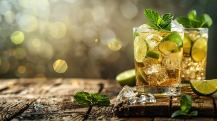 Refreshing summer vibes captured in a tall glass of lemon-lime ice tea adorned with zesty key limes and fresh mint leaves, perfect for sipping on a warm day outdoors - obrazy, fototapety, plakaty