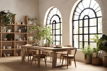 Fototapeta na wymiar Arch Windows, Mediterranean Loft Style: Nordic Plant Decor Dining Room Ideas