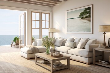 Fototapeta premium Laminate Flooring Loft-Inspired Coastal Living Room Interiors: Serene Ambiance Showcase