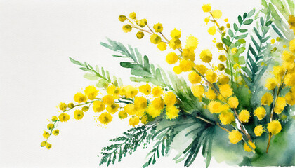 Watercolour of a mimosa on pure white background canvas, copyspace on a side