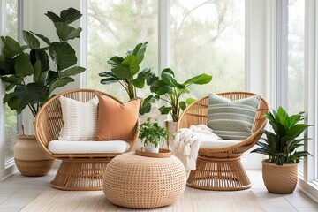 Green Plant Oasis: Lounge Retreat with Terra Cotta Pillows & Rattan Furniture