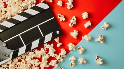 Top view of pile of popcorn snack food for spectator to eat during the entertainment in theater or cinema and black and white movie or film clapperboard. Studio shot - obrazy, fototapety, plakaty