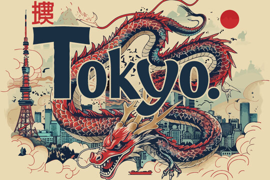 a picture of a dragon with the word tokyo in the middle of it