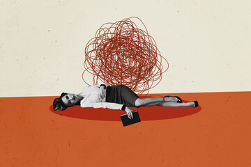 Collage picture illustration of corporate messy business woman stressed laying down overworked in...