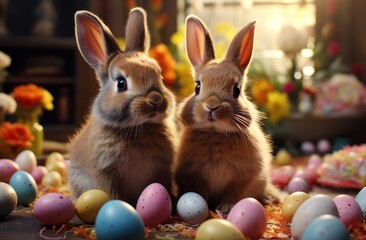 Fototapeta na wymiar bunnies stand among colorful easter eggs