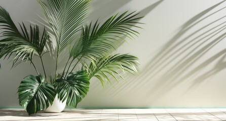 palm leaves shadow on white wall.