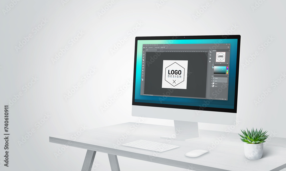 Poster Logo creation software interface on modern computer screen display, embodying a designer studio concept for innovative and professional logo design