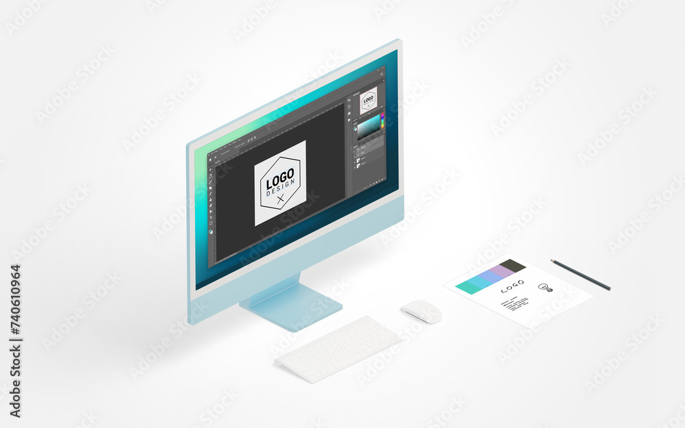 Poster Logo creation process on computer display, alongside paper sketch and pen in isometric view, blending digital and traditional design methods