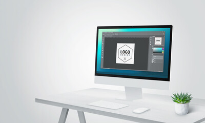 Logo creation software interface on modern computer screen display, embodying a designer studio concept for innovative and professional logo design