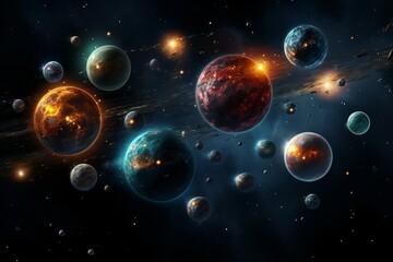 a universe with planets, stars and space satellites.A cluster of planets, black holes in space - obrazy, fototapety, plakaty